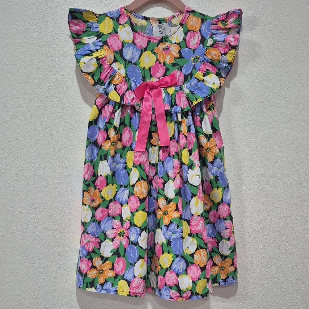 Vintage JO LENE Floral Kids Dress with Pink Bow 6X.